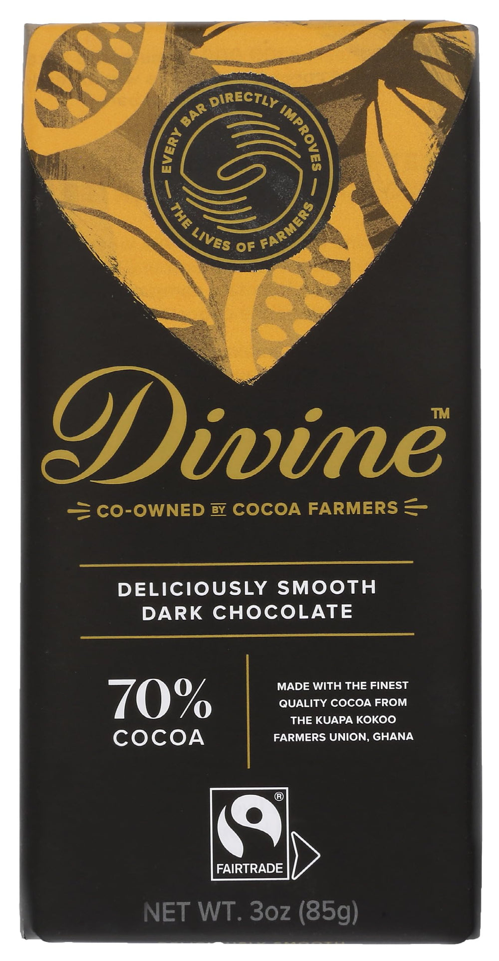 DIVINE CHOCOLATE 70% dark chocolate bar close-up, rich texture for savoring.