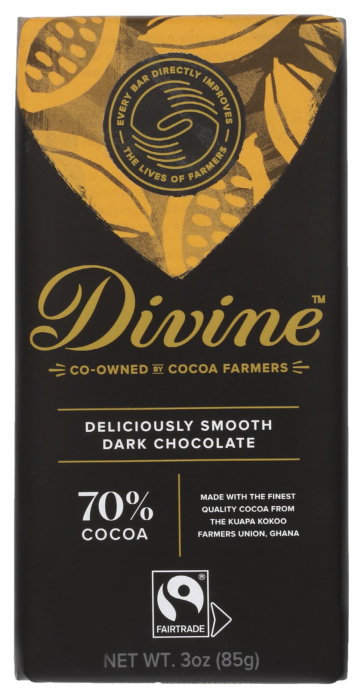 DIVINE CHOCOLATE 70% dark chocolate bar close-up, rich texture for savoring.