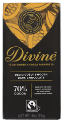 DIVINE CHOCOLATE 70% dark chocolate bar close-up, rich texture for savoring.