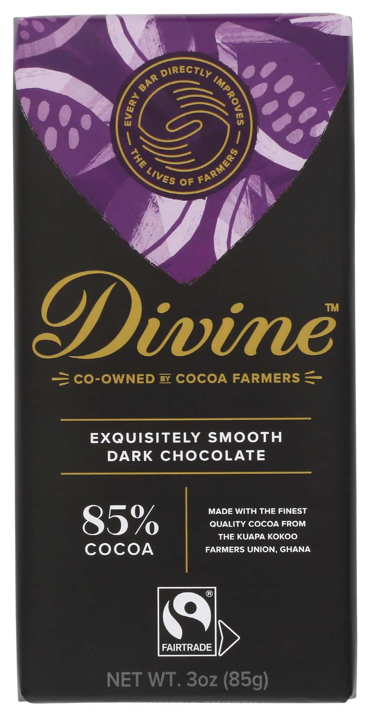 Divine Chocolate 85 percent dark bar closeup showing rich texture for premium snacking.