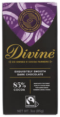 Divine Chocolate 85 percent dark bar closeup showing rich texture for premium snacking.