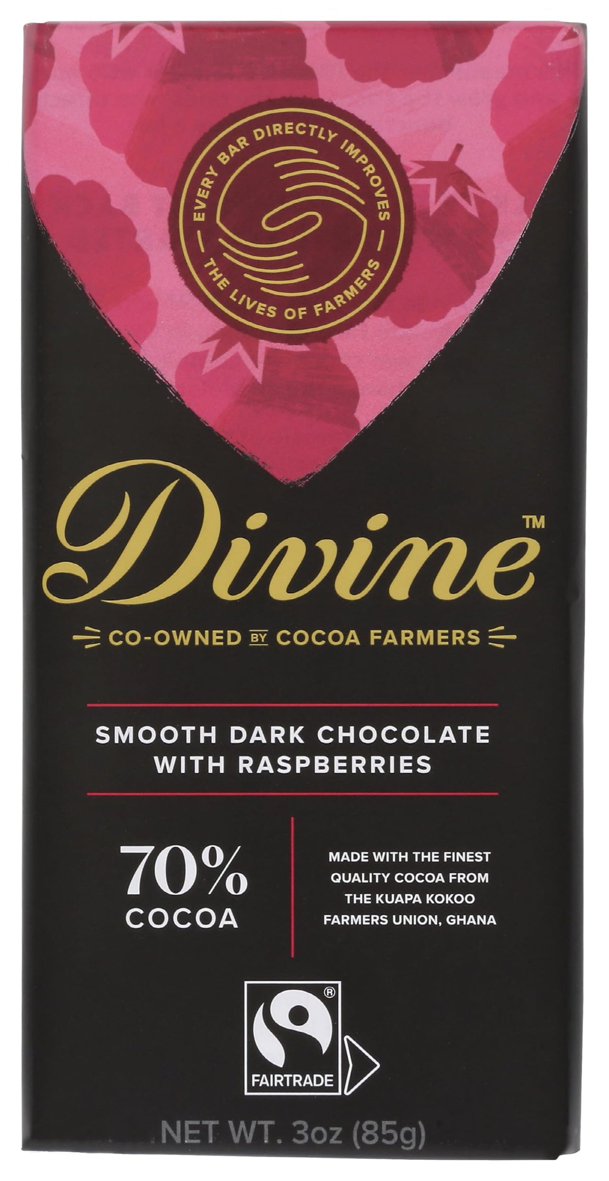 Divine Chocolate dark raspberry 70% bar with rich cacao and raspberry bits for a premium snack