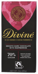 Divine Chocolate dark raspberry 70% bar with rich cacao and raspberry bits for a premium snack