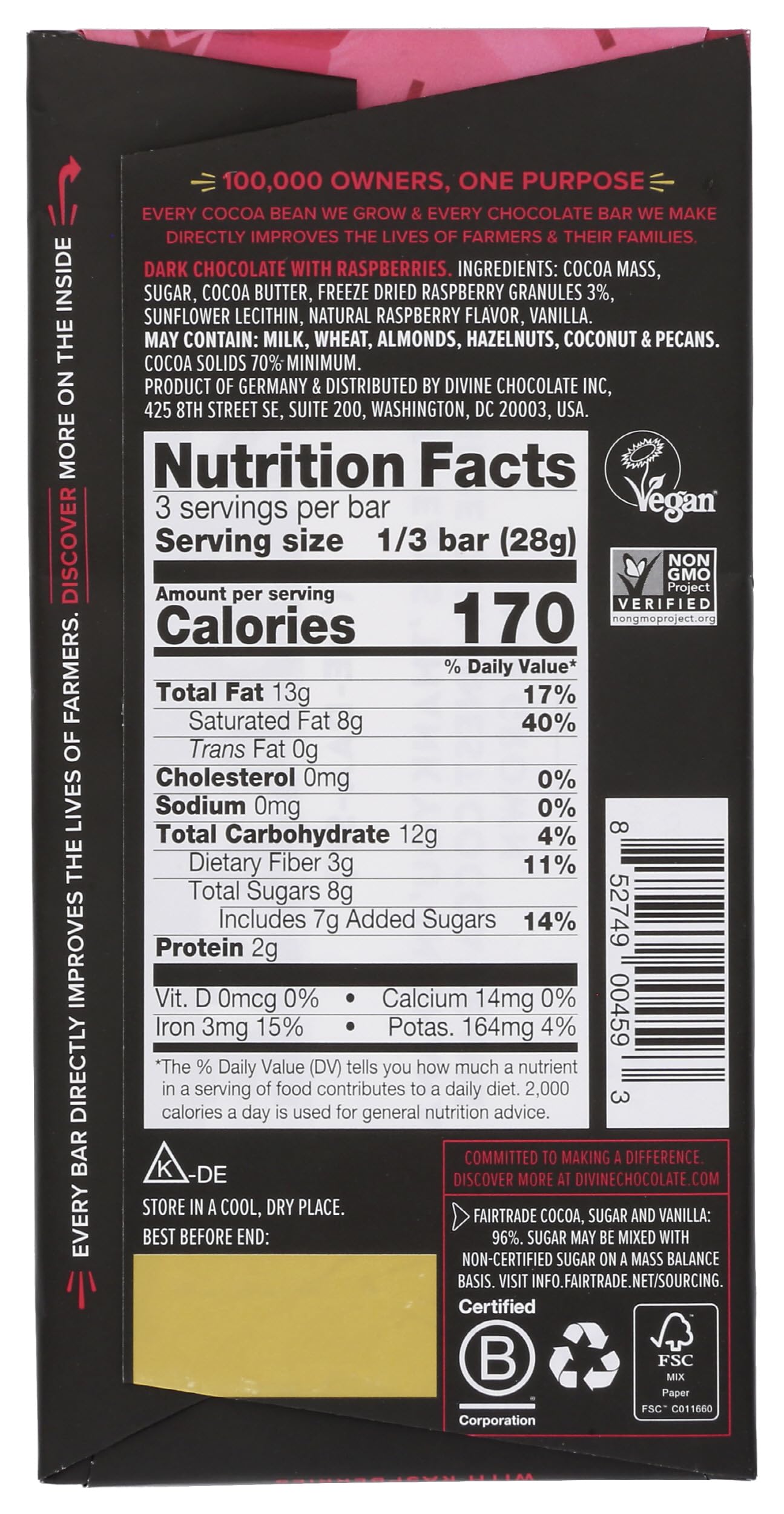 Divine Chocolate raspberry-infused bar convenient 3oz format for on-the-go indulgence