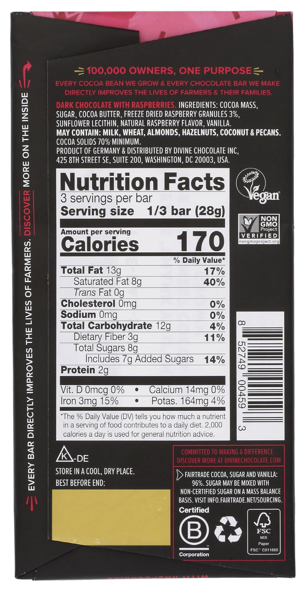 Divine Chocolate raspberry-infused bar convenient 3oz format for on-the-go indulgence