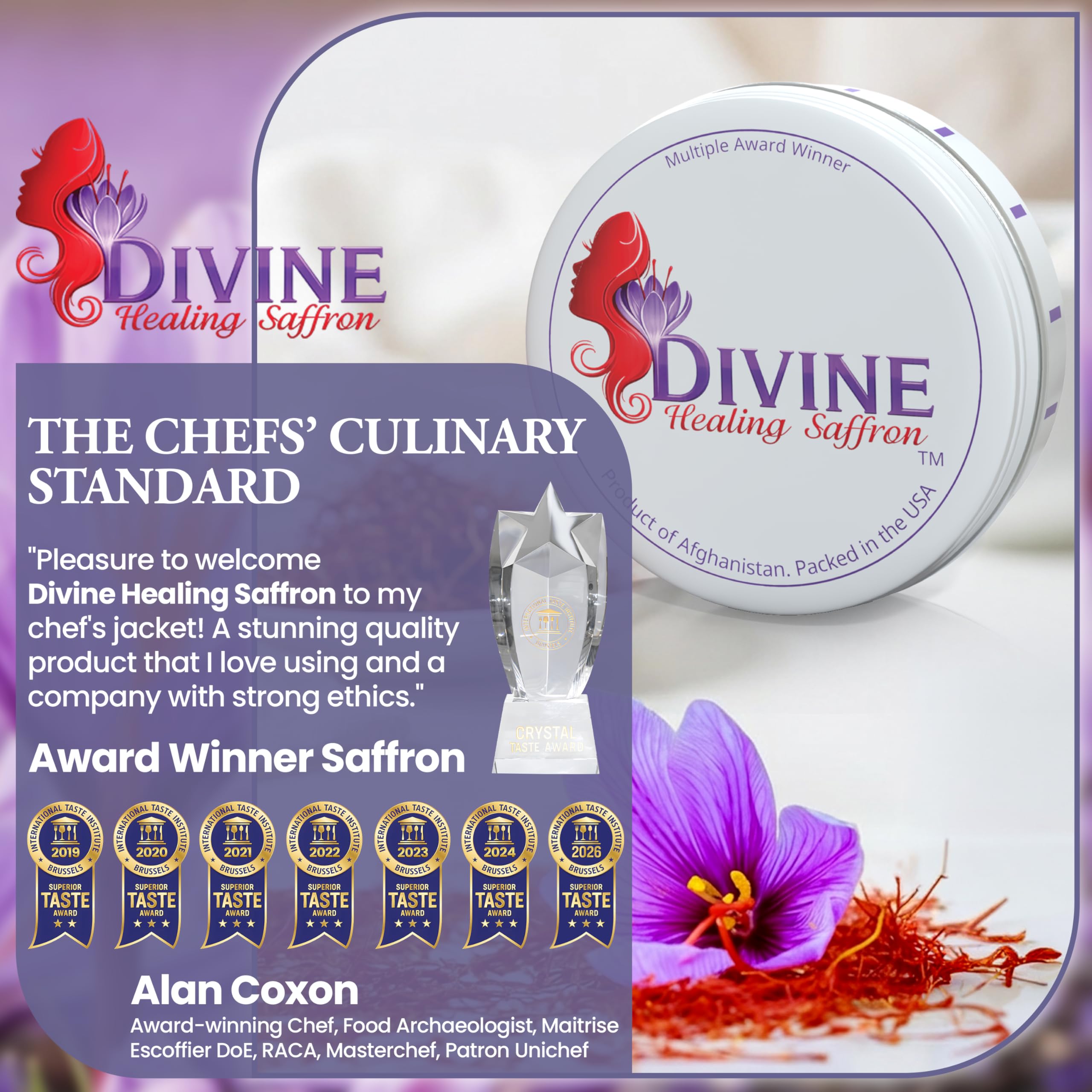 Divine Healing Saffron packaging tube highlighting quality and freshness for gourmet cooking.