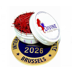 Divine Healing Saffron Threads 3g tin for vibrant color and aroma in dishes.