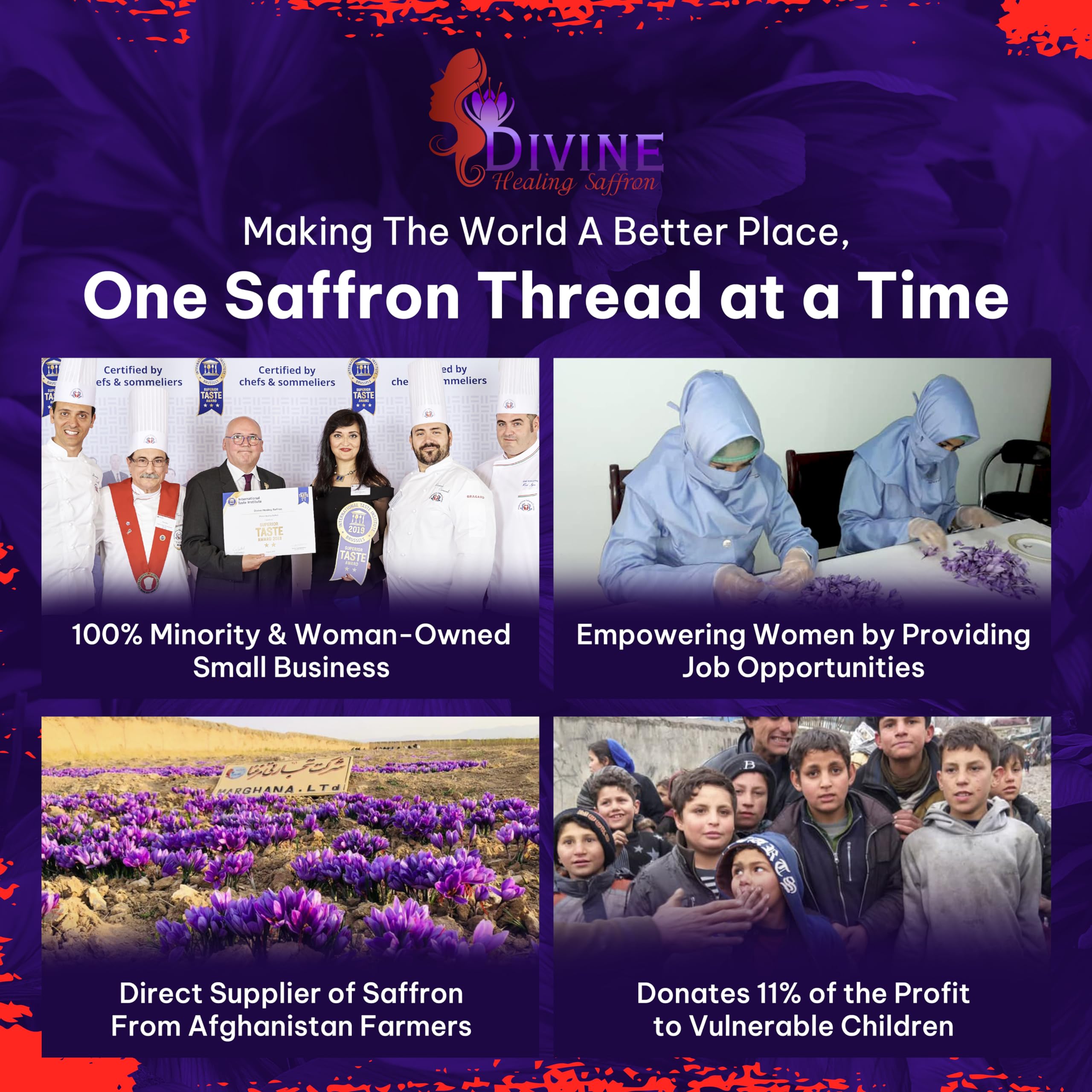 Divine Healing Saffron women-owned batch proudly showing ethical sourcing and community impact.