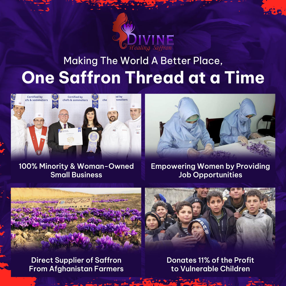 Divine Healing Saffron women-owned batch proudly showing ethical sourcing and community impact.