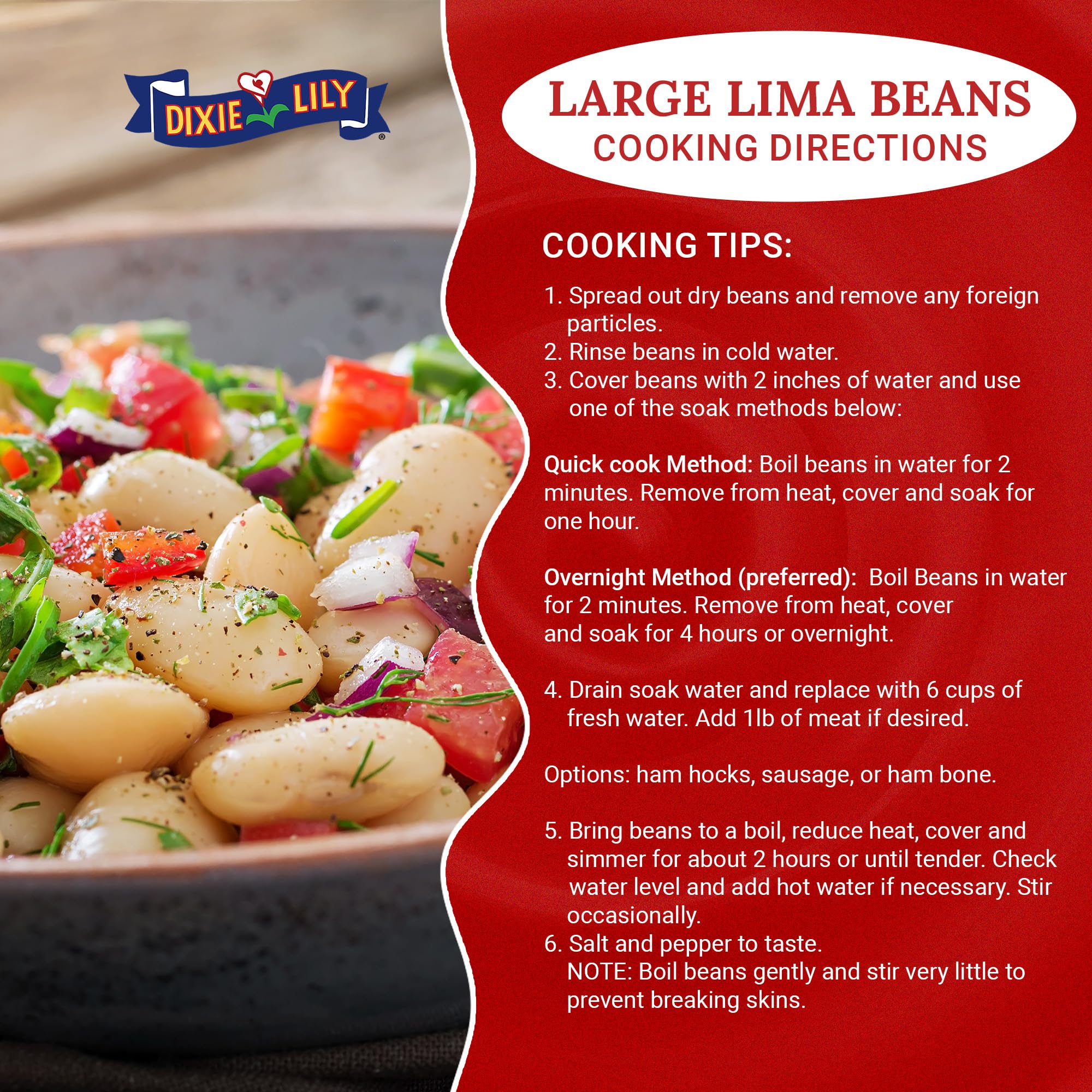 Dixie Lily Large Lima Beans quick soak setup for faster cooking