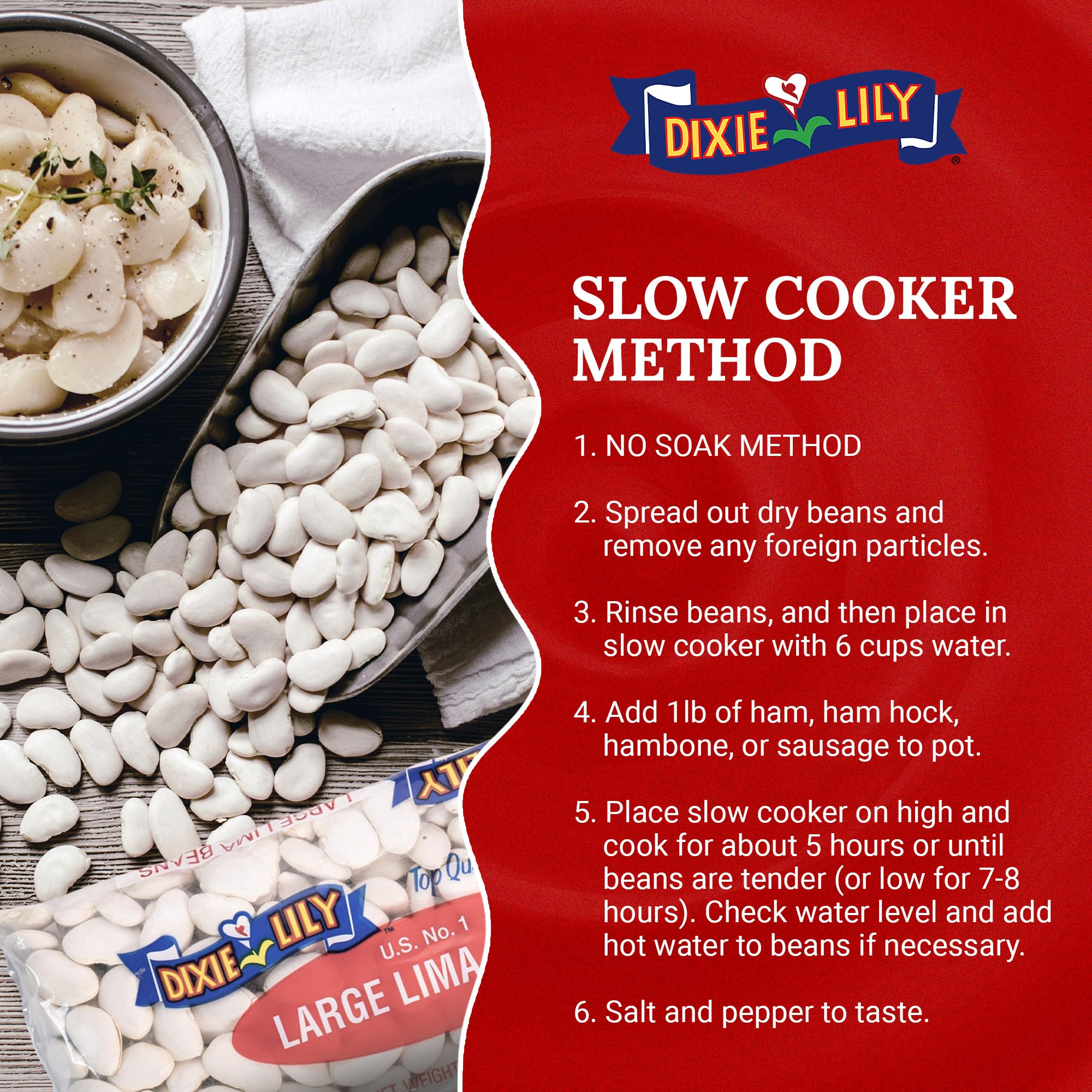 Dixie Lily Large Lima Beans slow cooker scene for easy prep