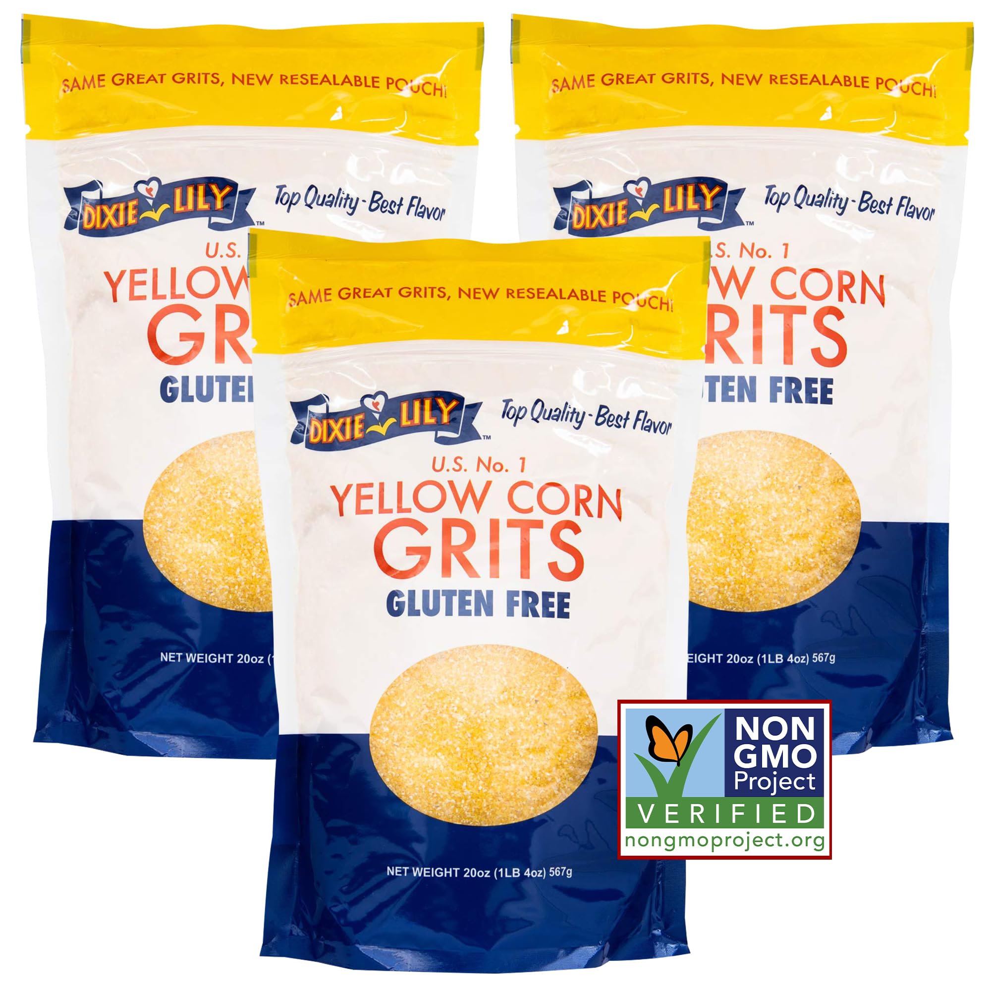 Dixie Lily Yellow Corn Grits 3-pack on shelf for quick, creamy breakfasts.