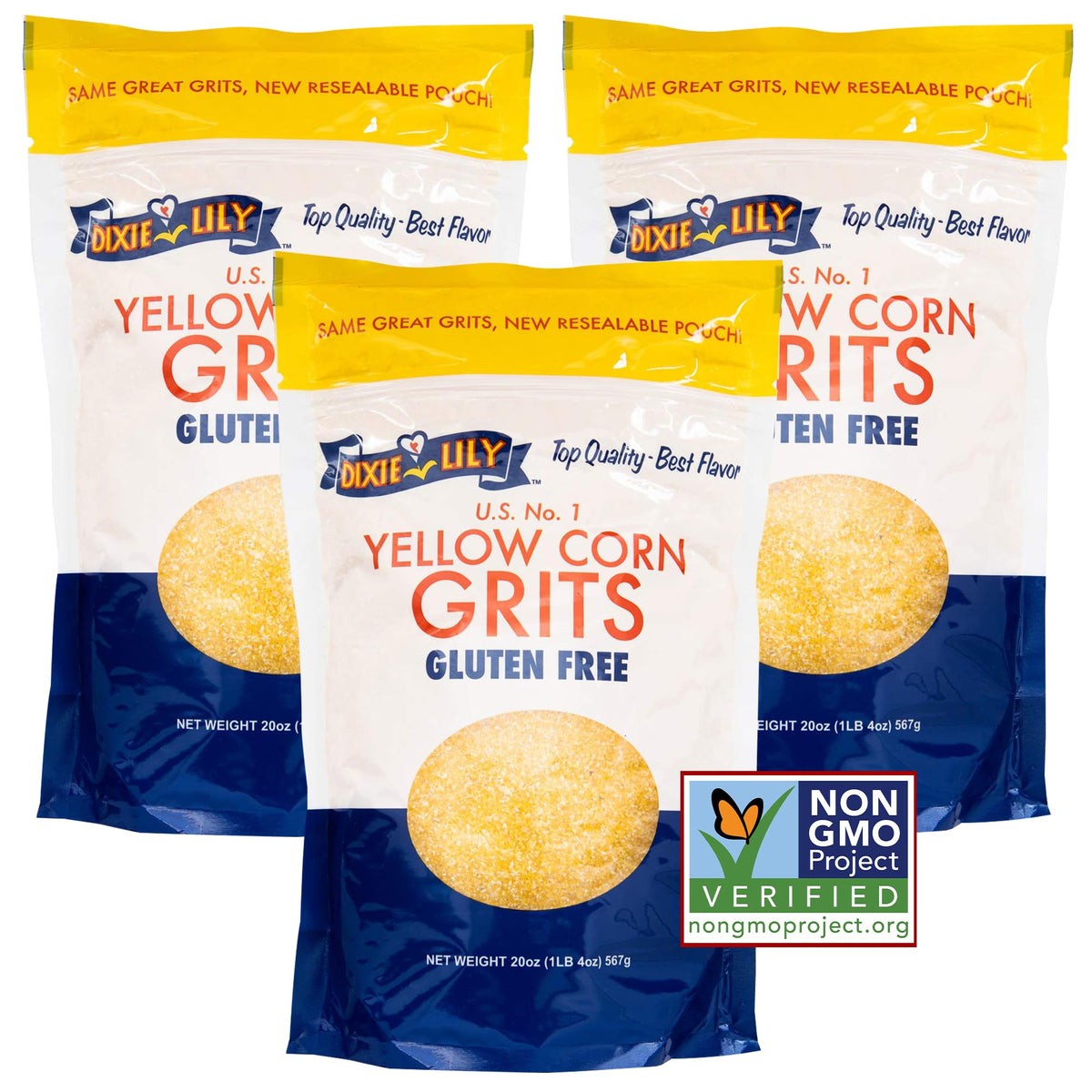 Dixie Lily Yellow Corn Grits 3-pack on shelf for quick, creamy breakfasts.