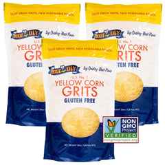Dixie Lily Yellow Corn Grits 3-pack on shelf for quick, creamy breakfasts.