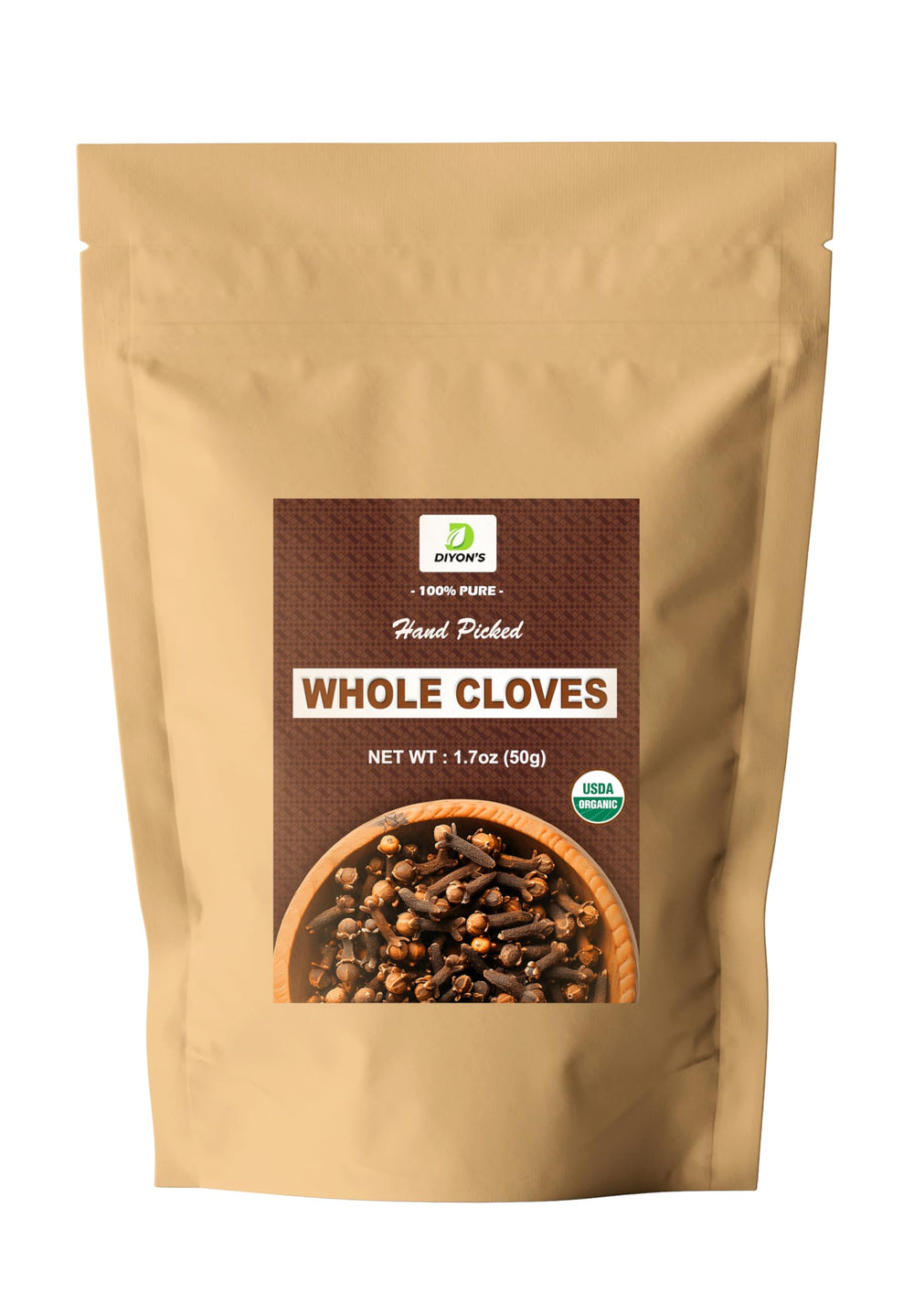 Diyon Organic Whole Cloves in stand-up pouch for freshness