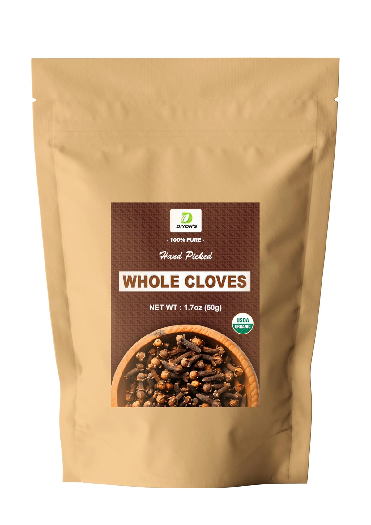 Diyon Organic Whole Cloves in stand-up pouch for freshness