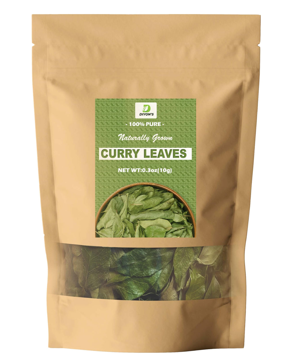 Diyon's curry leaves, whole dried, in packaging ready for pantry storage and aromatic cooking