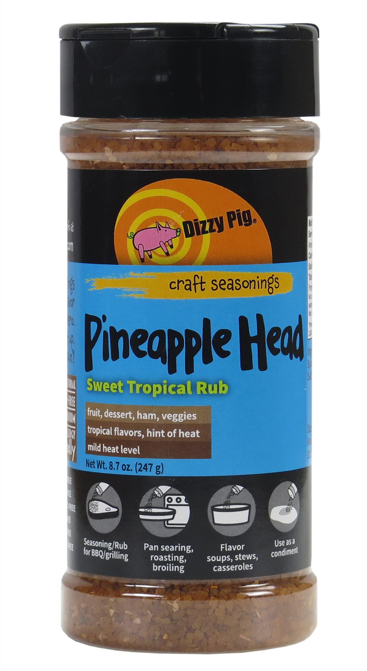 Dizzy Pig Pineapple Head 8oz shaker beside grilled pineapple showing tropical flavor