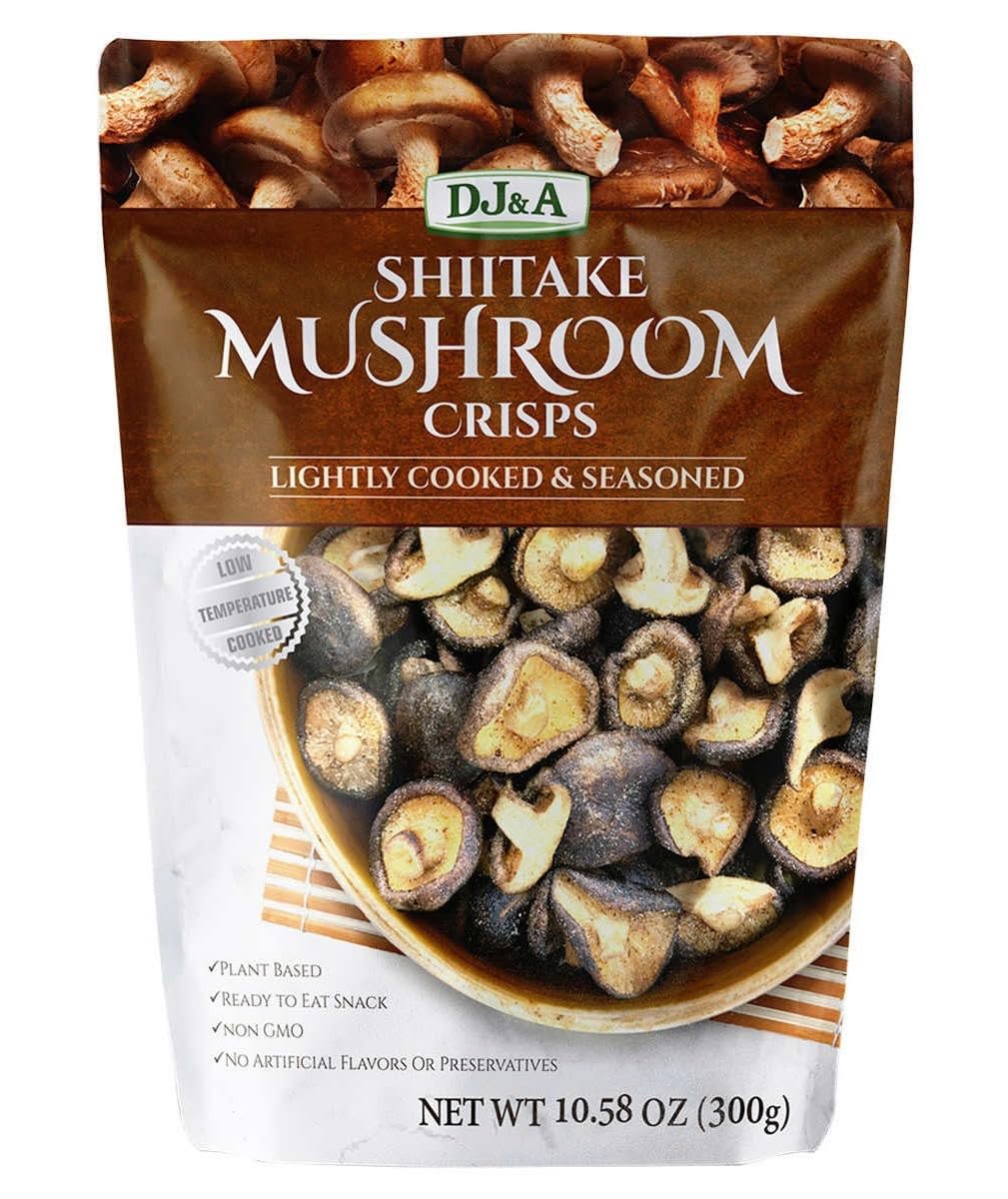 DJ&A Shiitake Crisps close-up highlighting crisp texture for a savory, ready-to-eat snack.