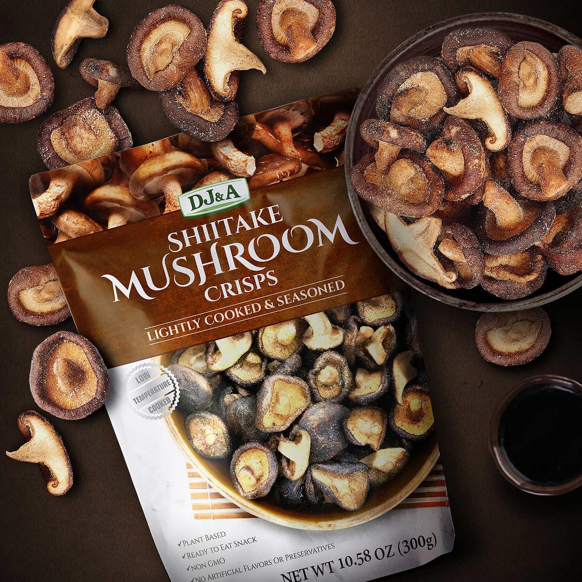 DJ&A Shiitake Crisps pack close-up communicates premium quality and convenience.