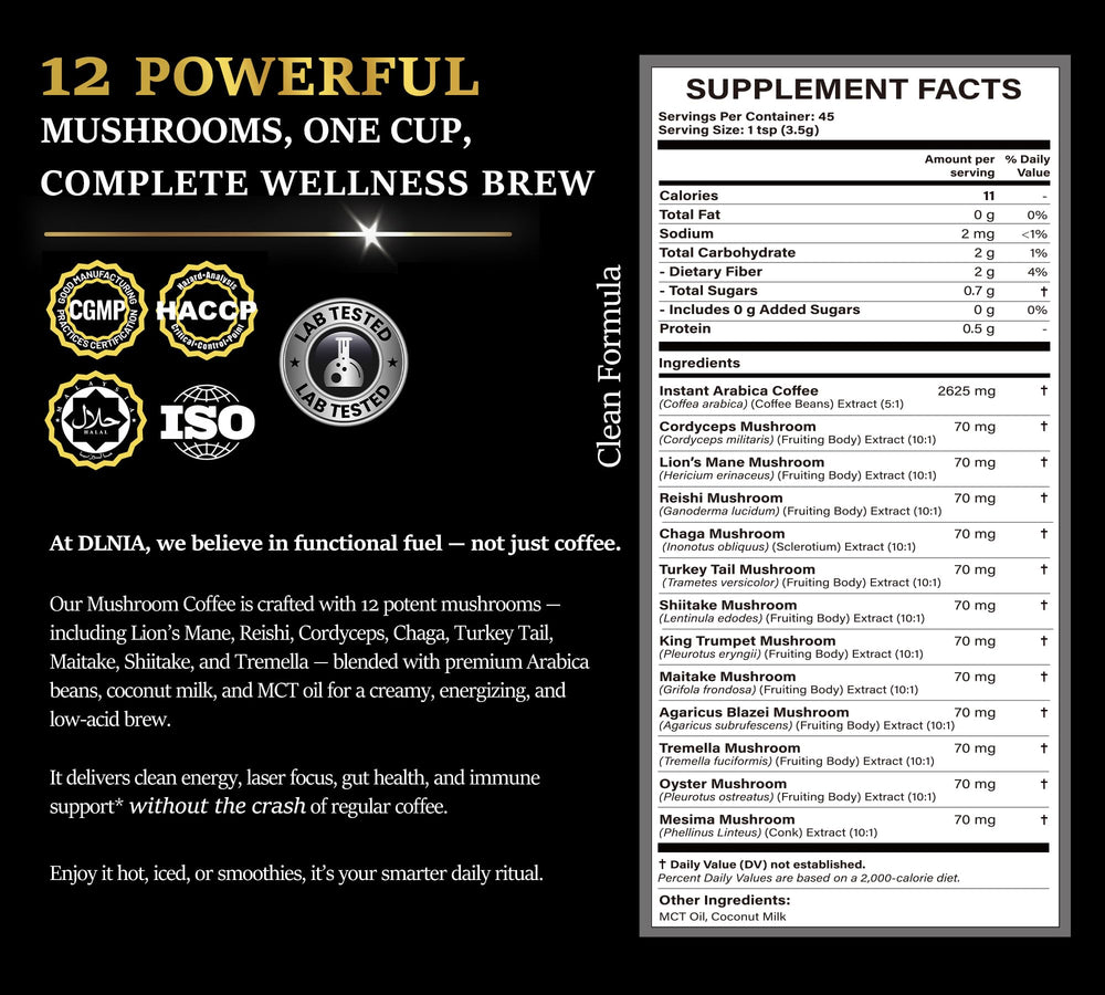 DLNIA 12-adaptogenic mushrooms closeup showing diverse ingredients for focus.