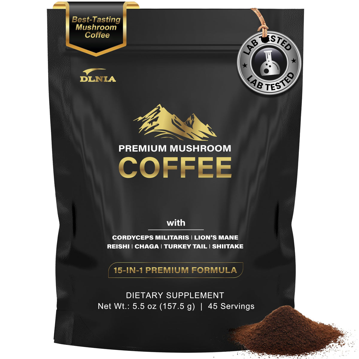DLNIA instant organic mushroom coffee can with rich aroma for morning energy.