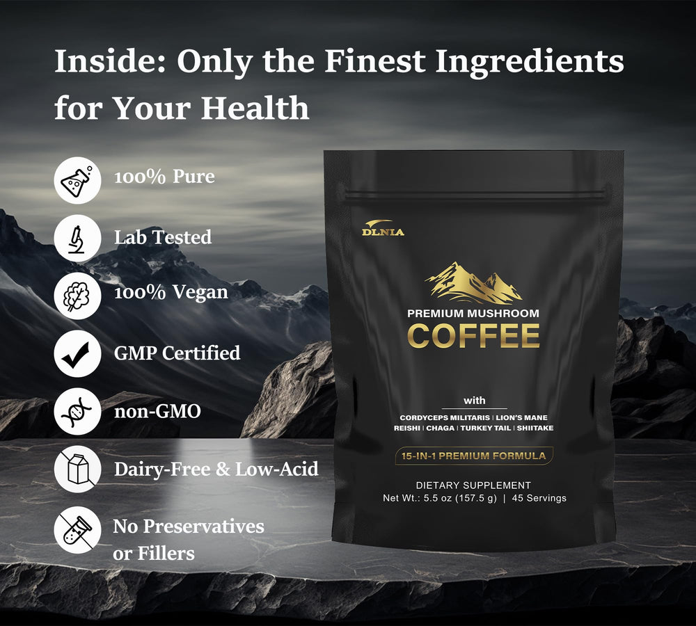 DLNIA organic coffee ingredients label highlighting non-GMO sourcing.