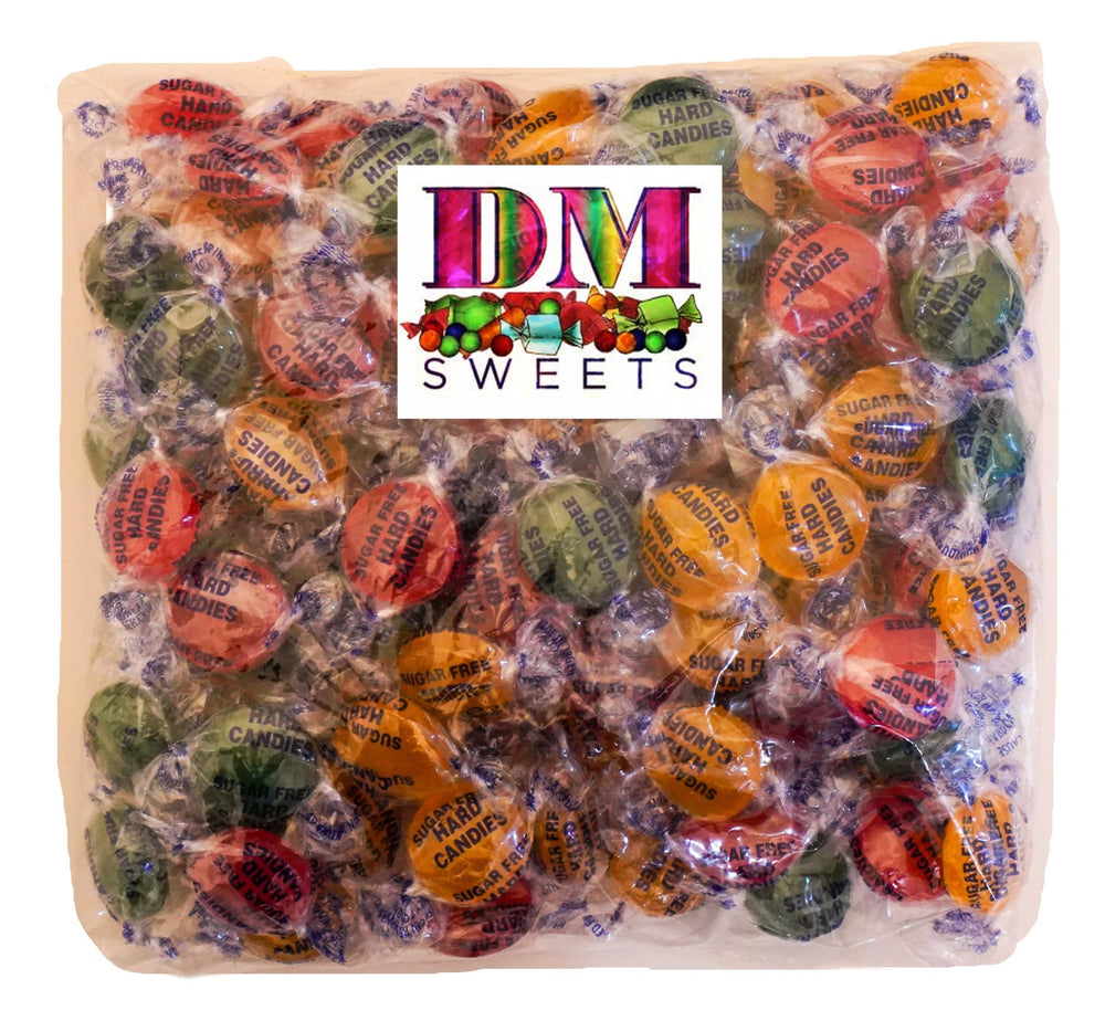 DM Sweets candy close-up shows red, orange, green colors.
