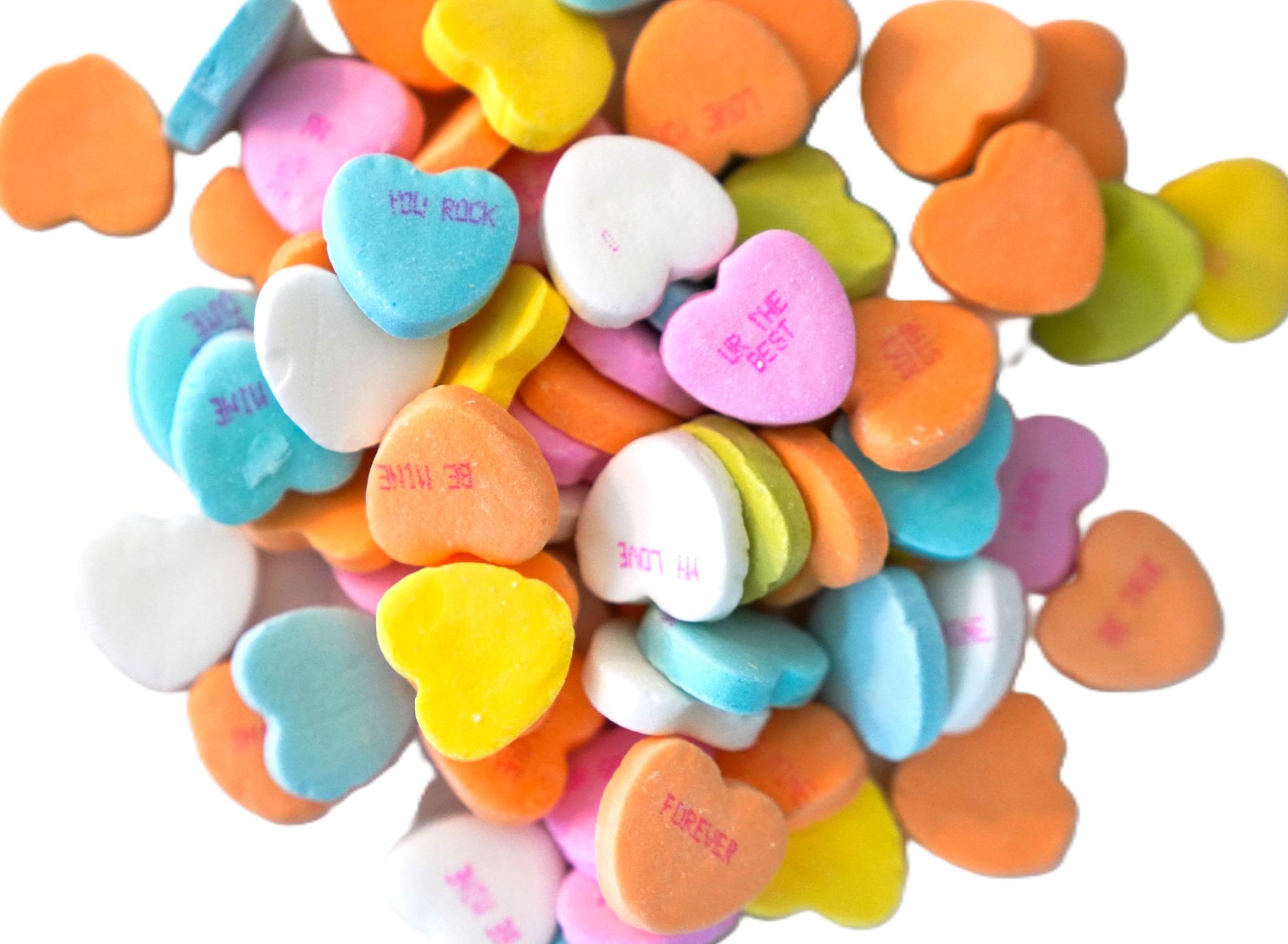 DM Sweets conversation hearts close-up shows crunchy texture and printed messages