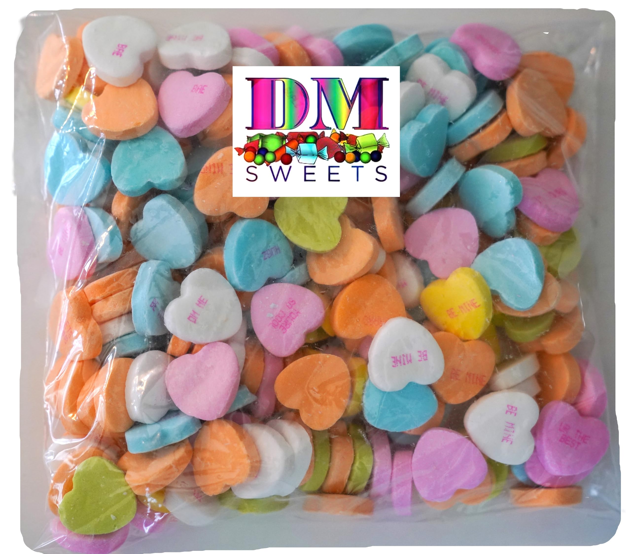 DM Sweets conversation hearts close-up with messages for Valentine treats