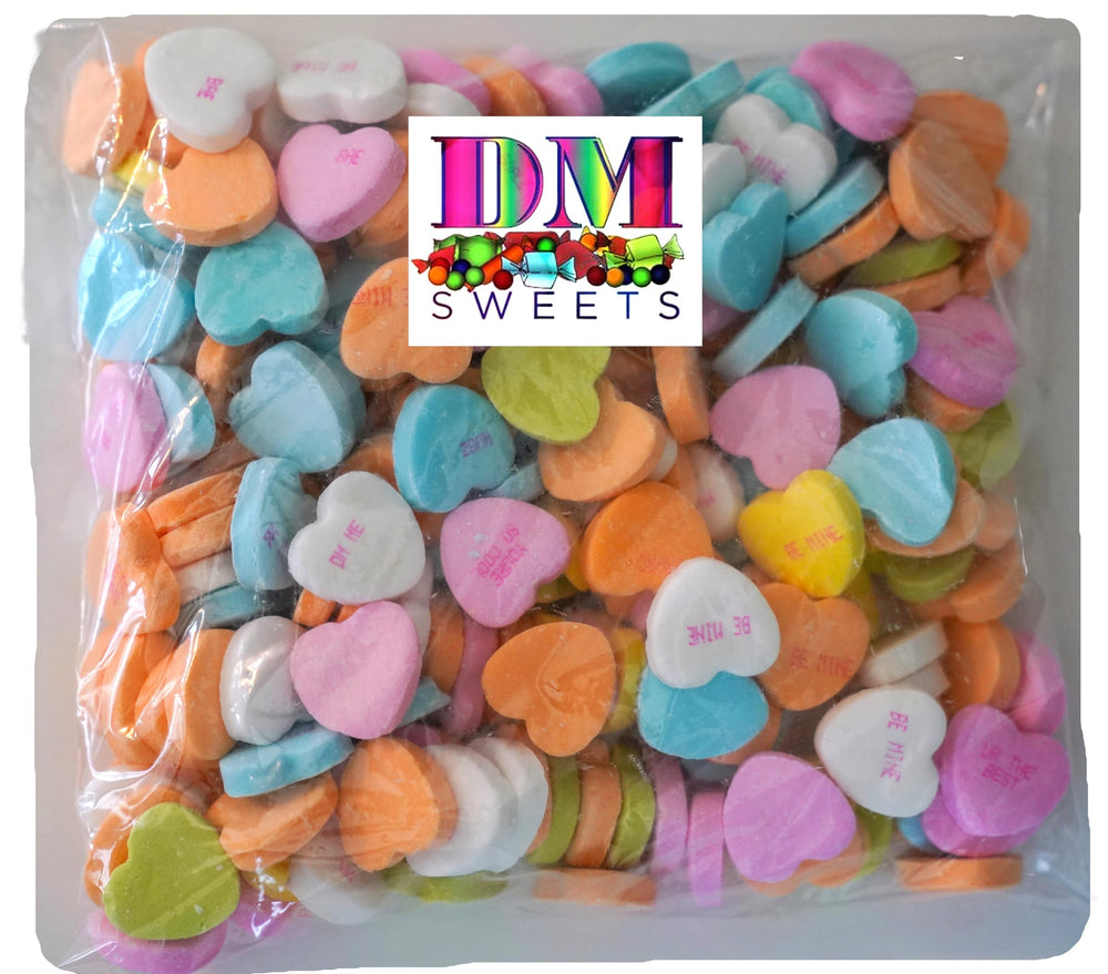 DM Sweets conversation hearts close-up with messages for Valentine treats