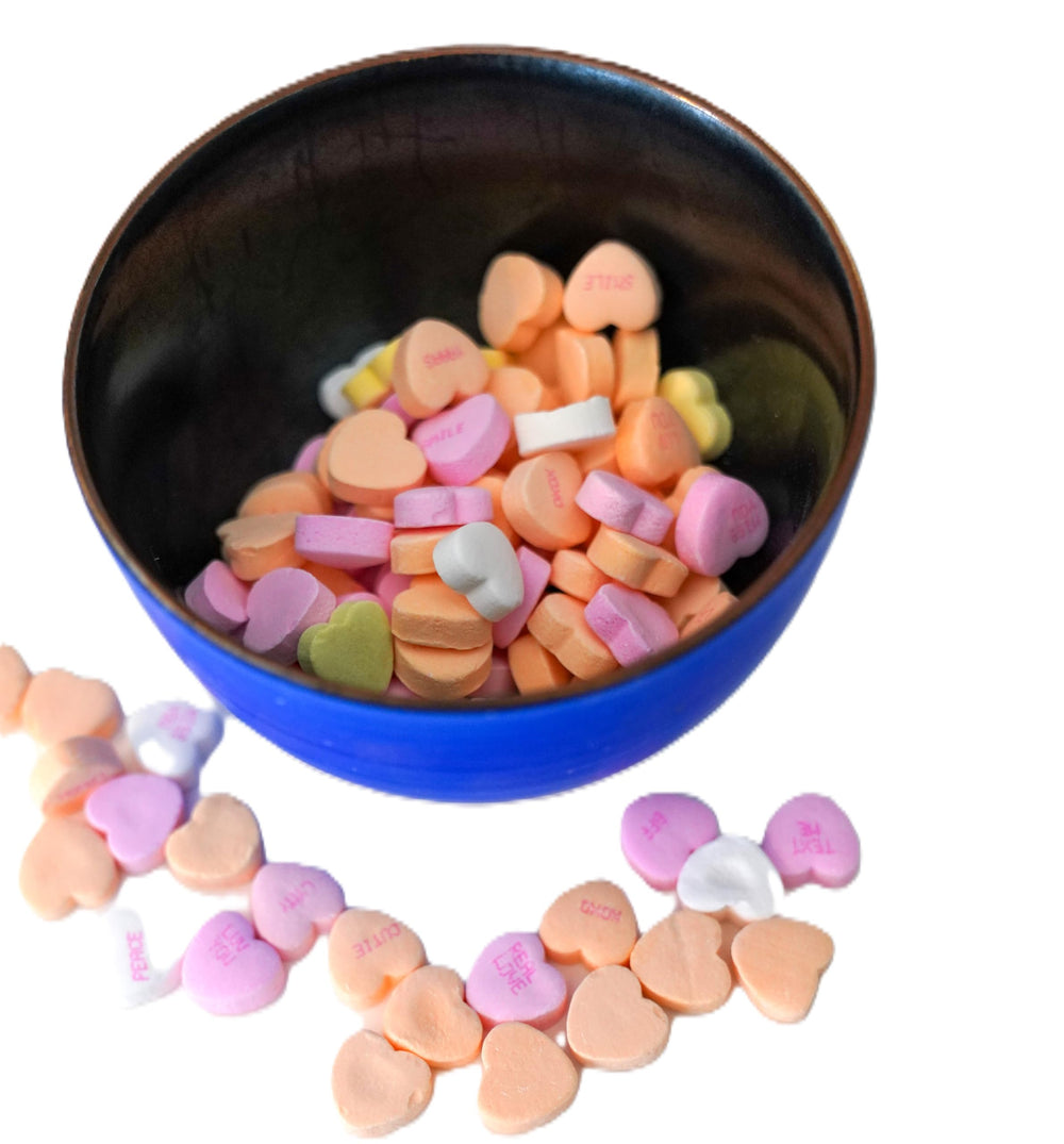 DM Sweets hearts in a candy dish perfect for party trays