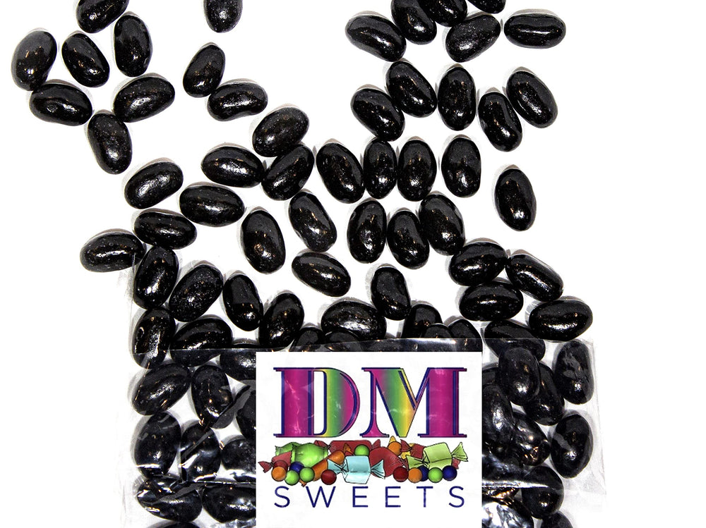 DM Sweets licorice jelly beans in a jar, ready for sharing or personal treat.