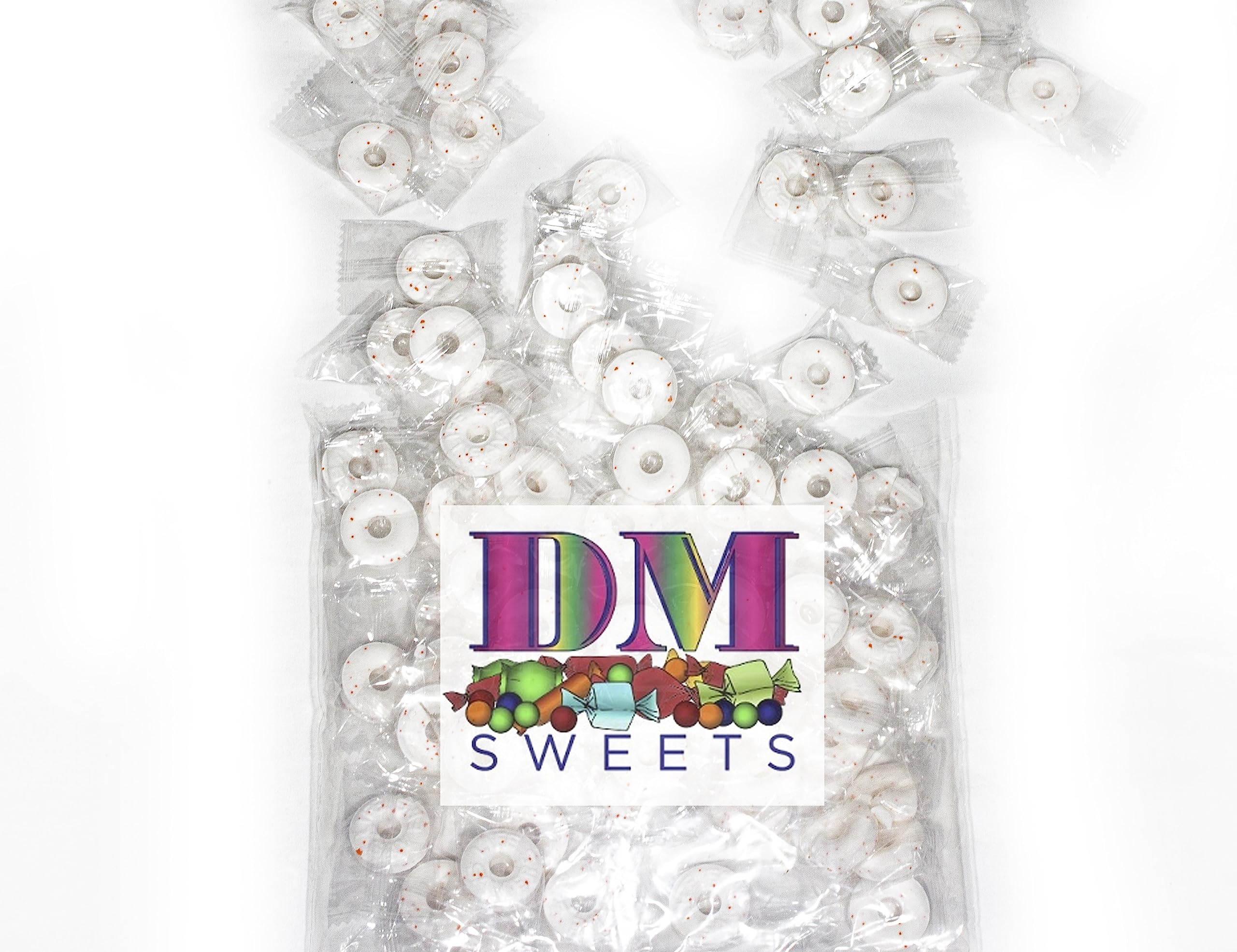 DM Sweets Orange Mints hard sucking candy closeup showcasing crisp texture for refreshment.