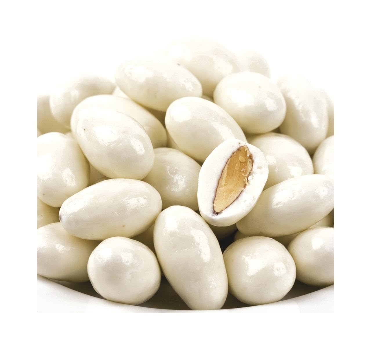 DM Sweets yogurt-covered almonds in package; resealable bag preserves freshness.