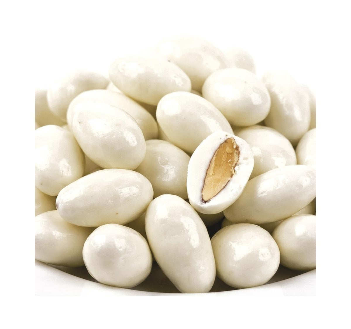 DM Sweets yogurt-covered almonds in package; resealable bag preserves freshness.