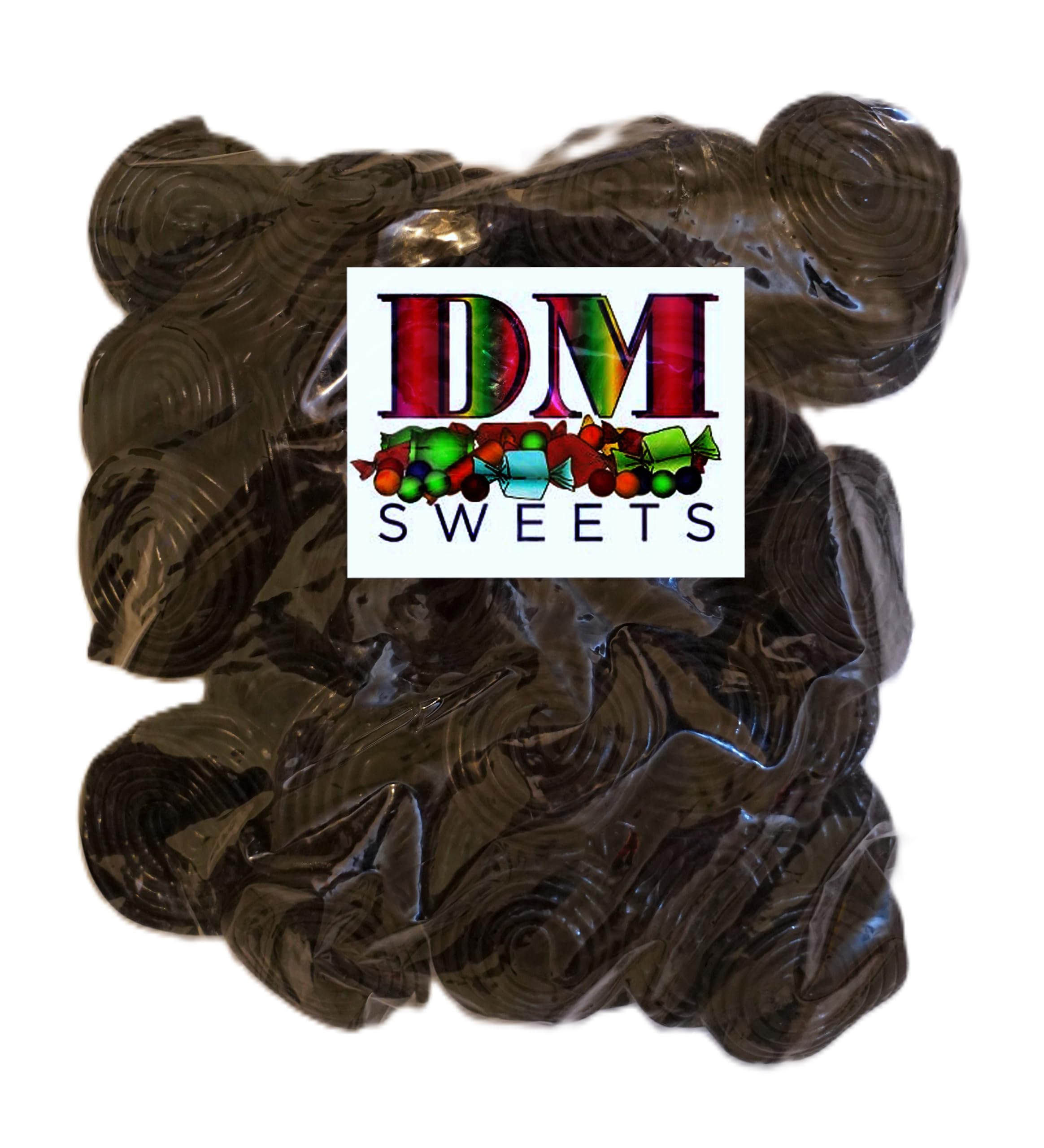 DM Sweets Black Licorice Wheels closeup highlights glossy texture ideal for tasting