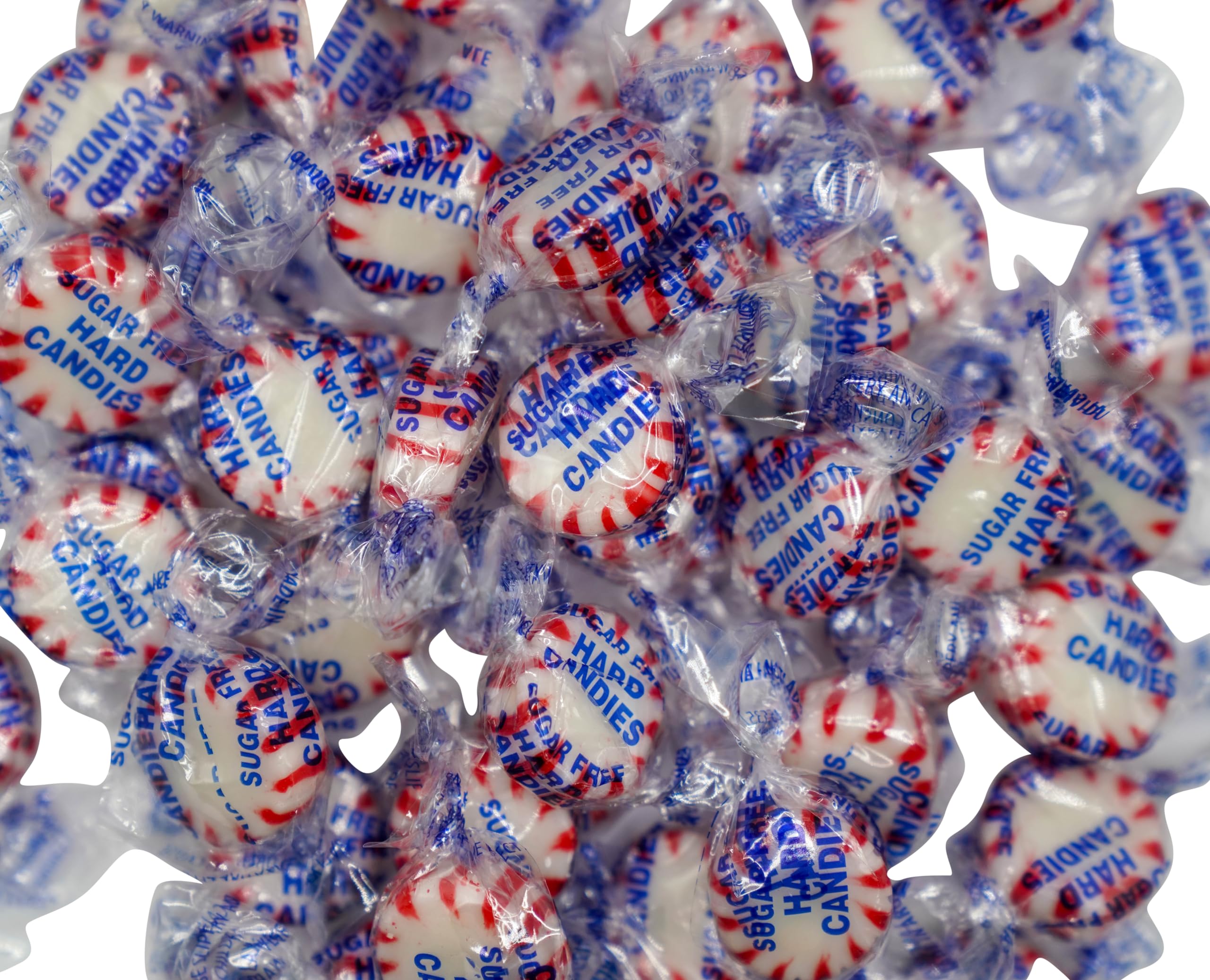 DM Sweets Sugar Free Peppermint Starlights candies displayed on a countertop for gatherings.