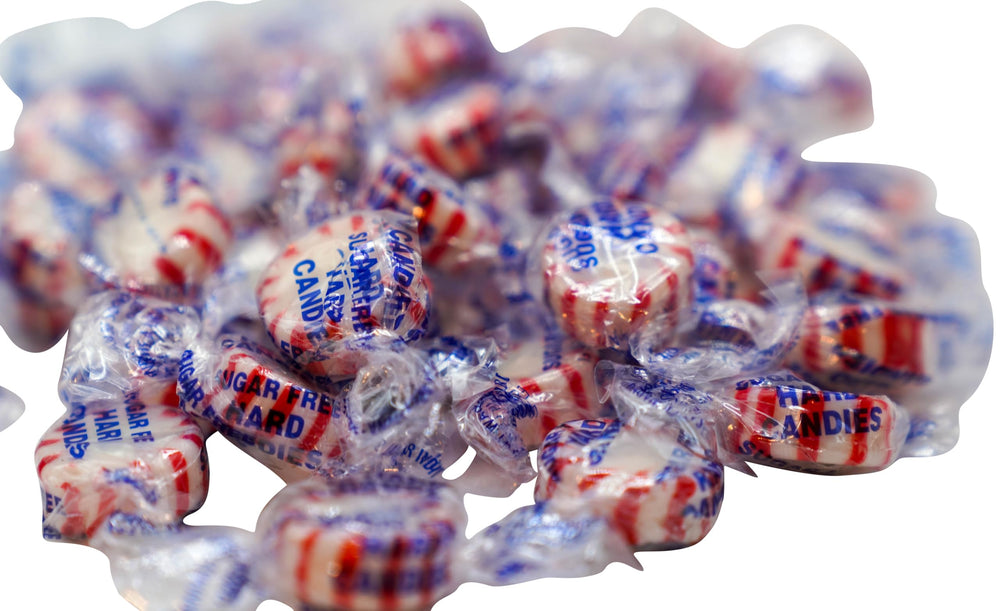 Closeup of DM Sweets Peppermint Starlights candy shine and refreshing mint texture.