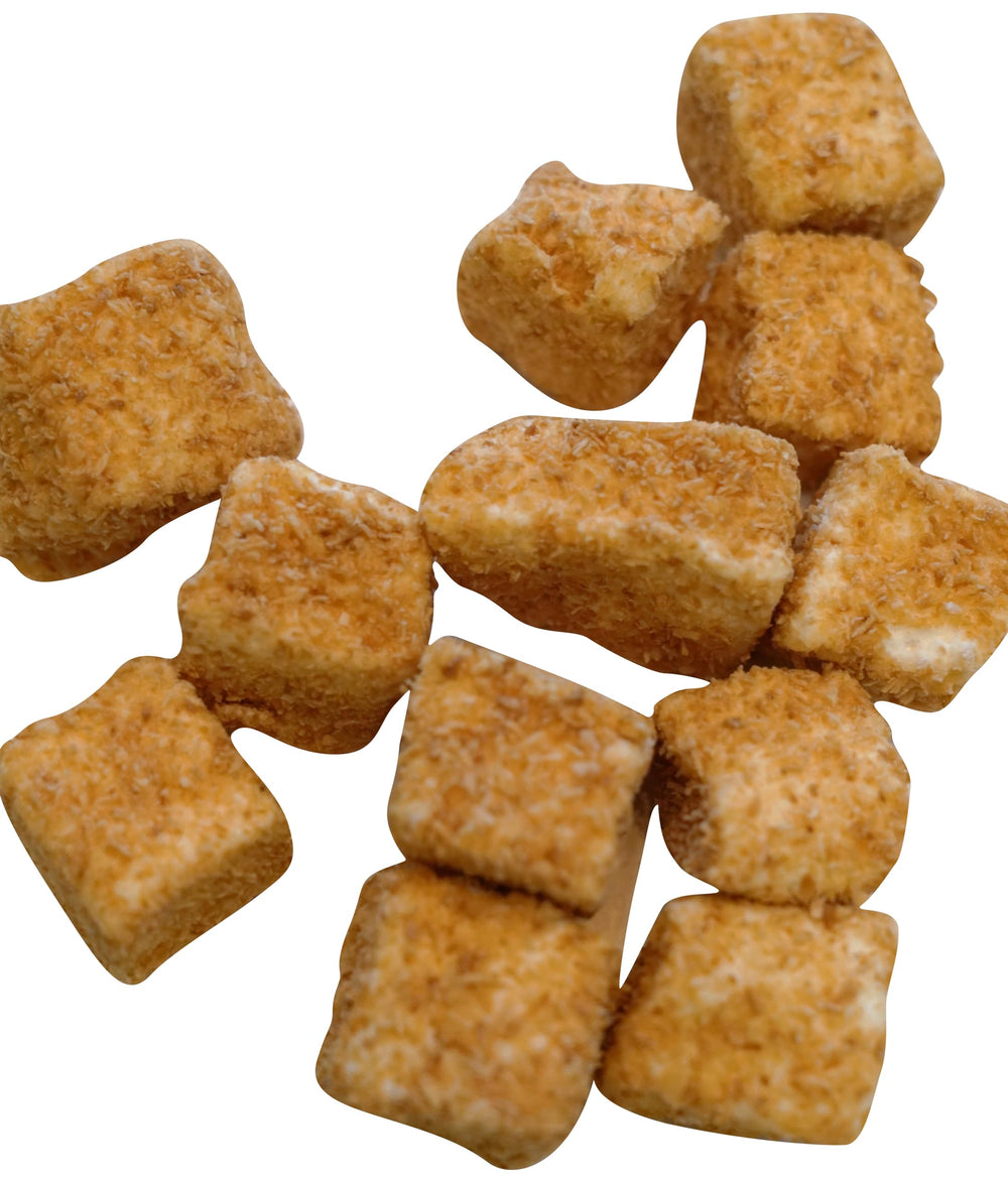 DM Sweets marshmallows for smores setup, creamy center with toasted coconut coating.