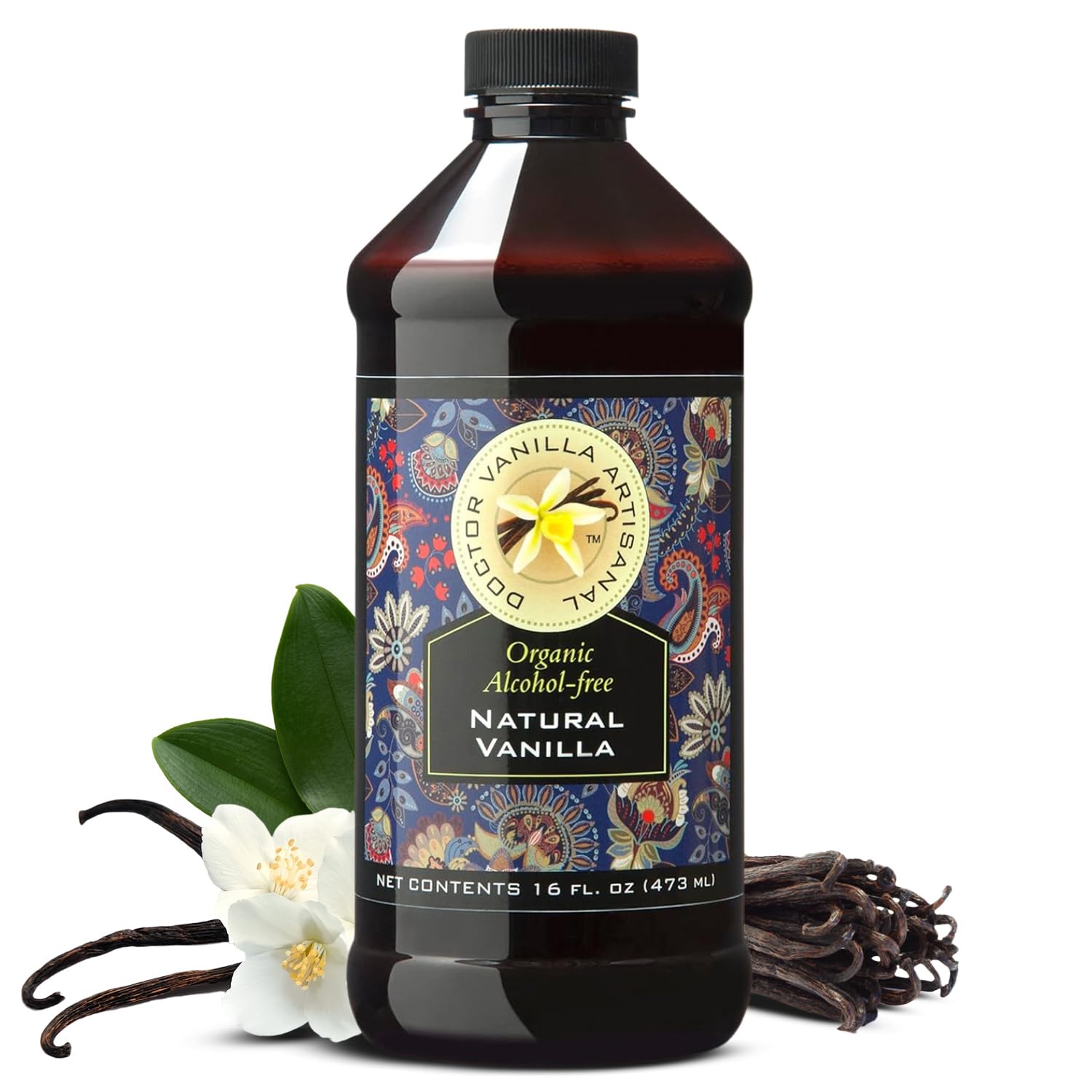 Doctor Vanilla Artisan organic vanilla bottle pour highlights rich, alcohol-free flavor for recipes