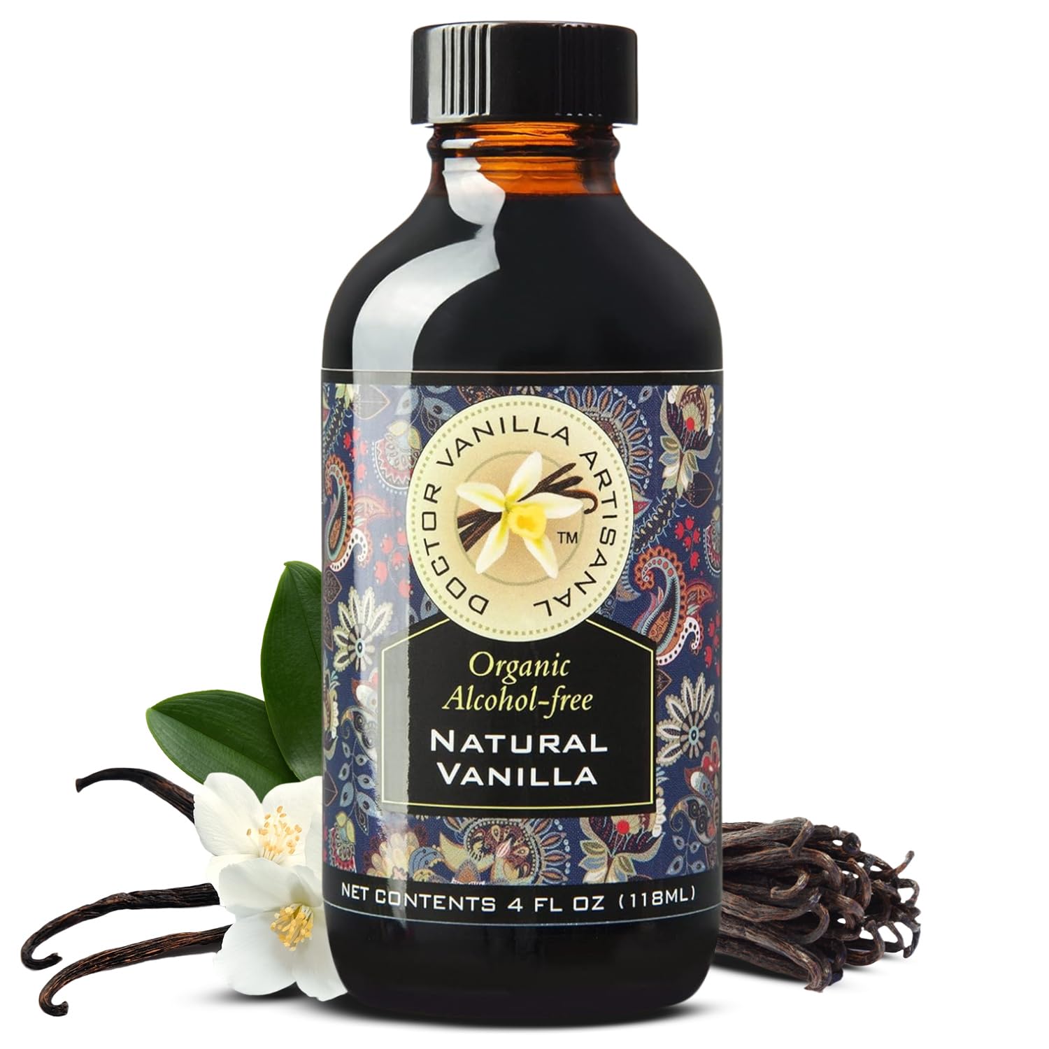 DOCTOR VANILLA ARTISANAL organic vanilla bottle enhances premium dessert flavor.