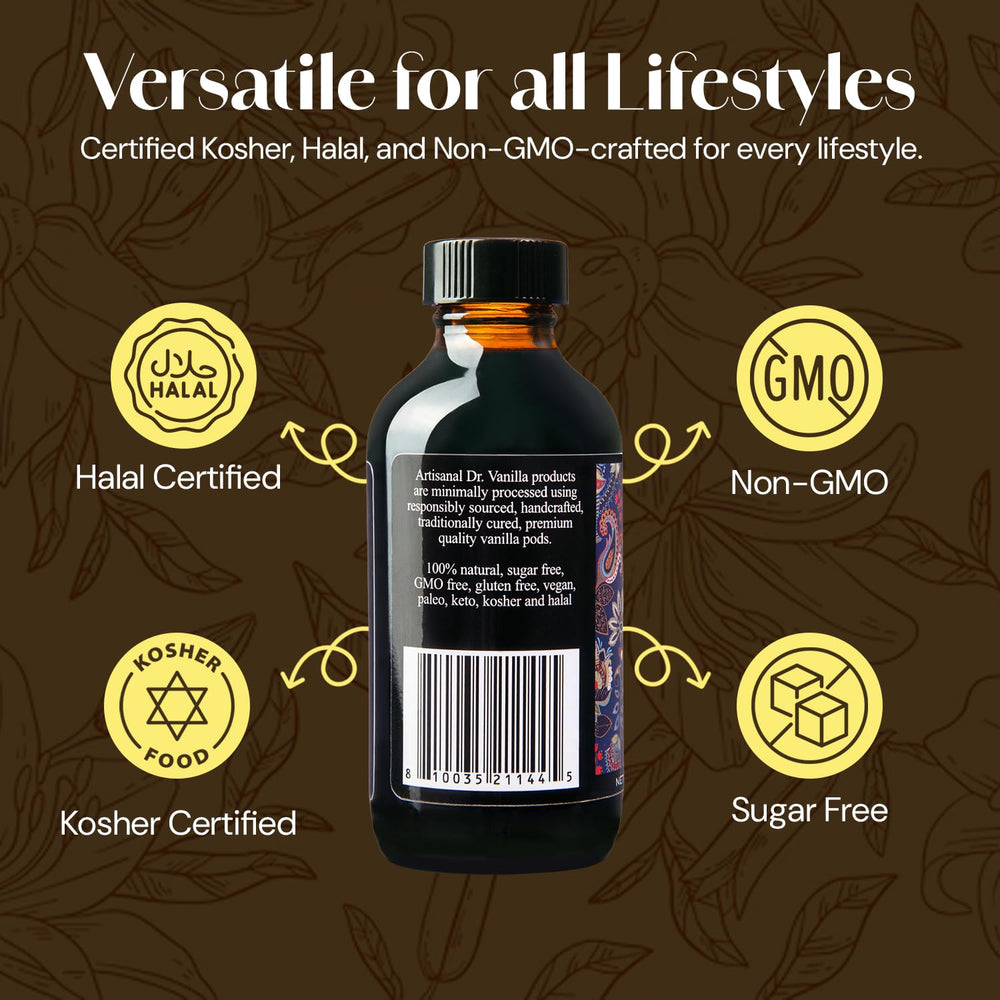 DOCTOR VANILLA ARTISANAL vanilla pour action captures easy, alcohol-free flavor release.