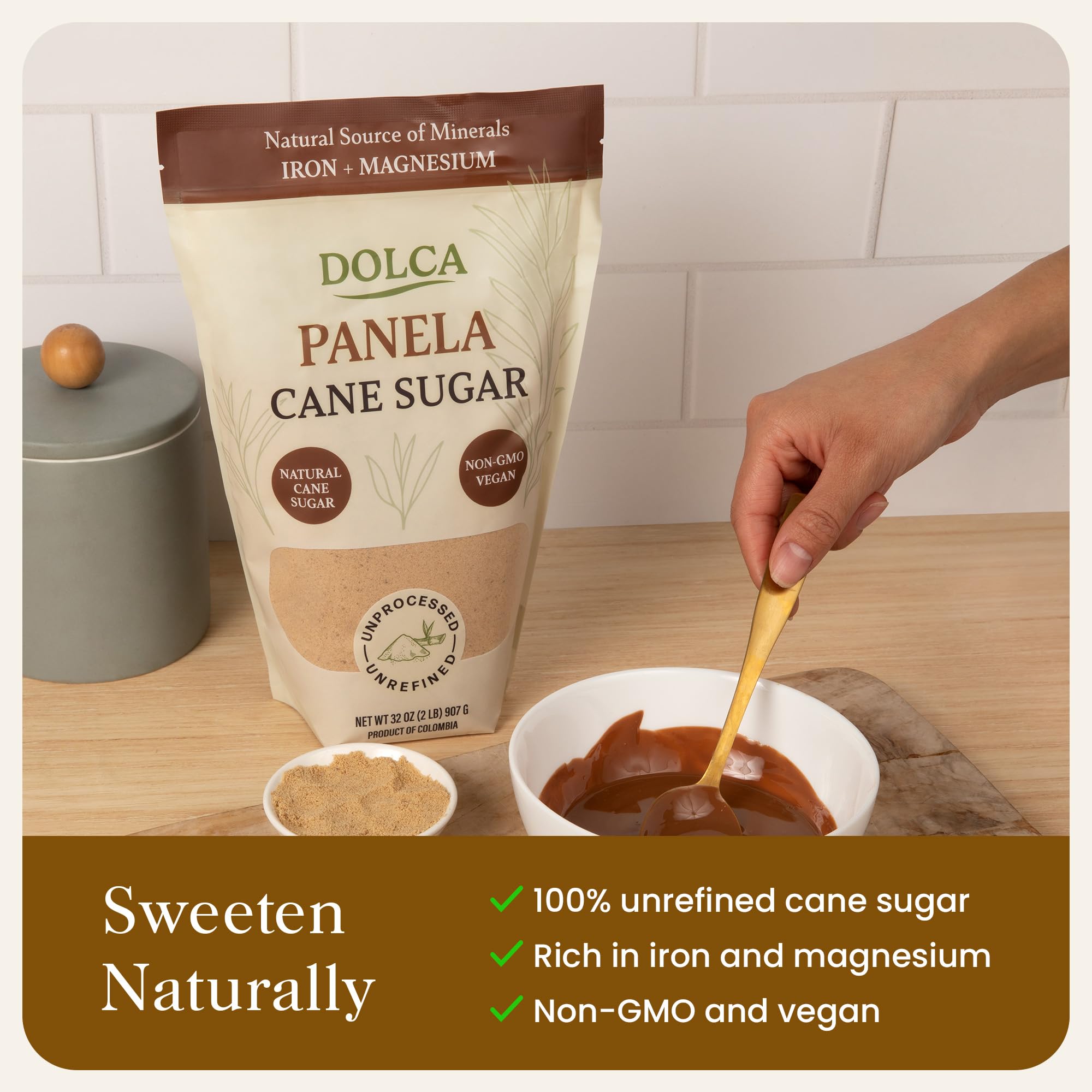 Dolca Panela sugar label highlights clean ingredients and origin.