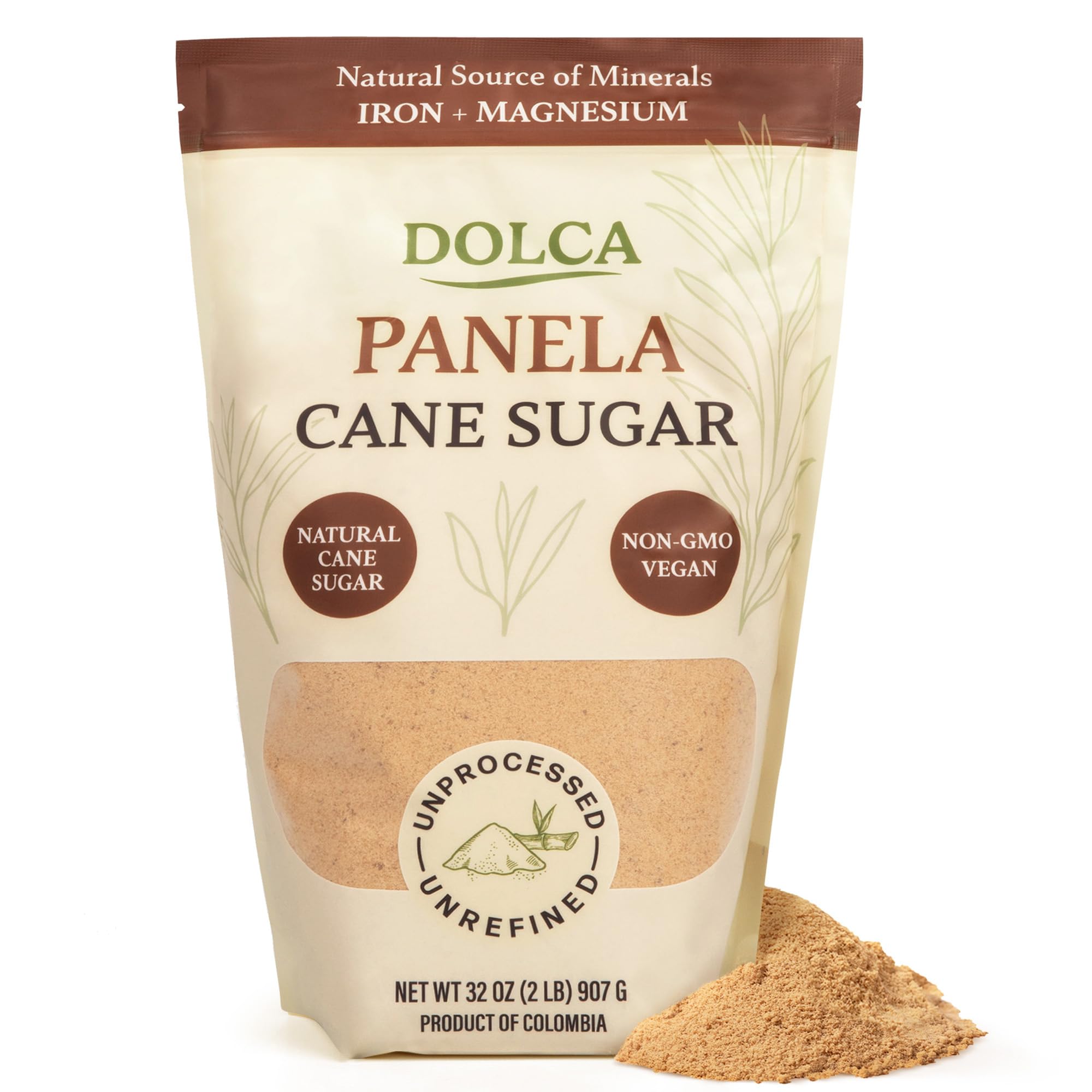 Dolca Panela sugar packaging highlights natural, unrefined sweetness for daily coffee and tea.