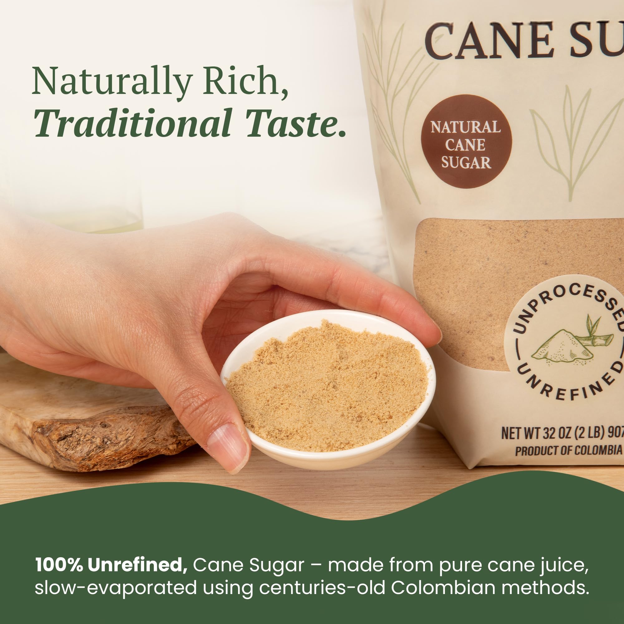 Dolca Panela sugar pouring action emphasizes 1:1 substitute in recipes.