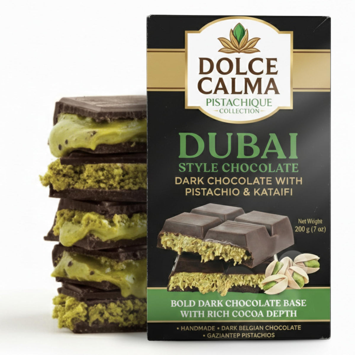 Dolce Calma Dubai dark chocolate bar with pistachio for refined evening snacking