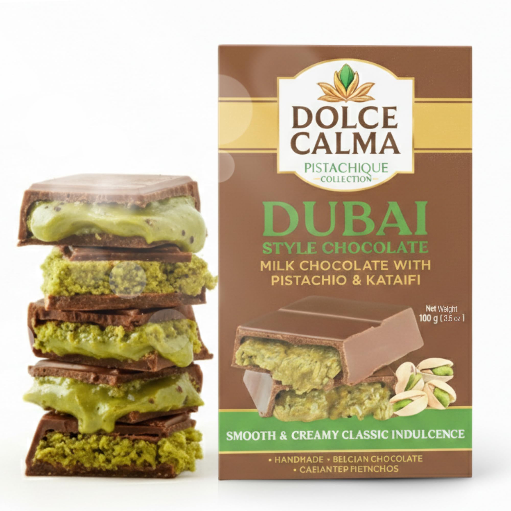 Dolce Calma Dubai Milk Chocolate Bar with pistachio and kataifi, perfect for gifting.