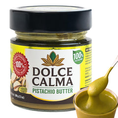 Dolce Calma pistachio butter jar showcases Gaziantep pistachios for a breakfast flavor boost.