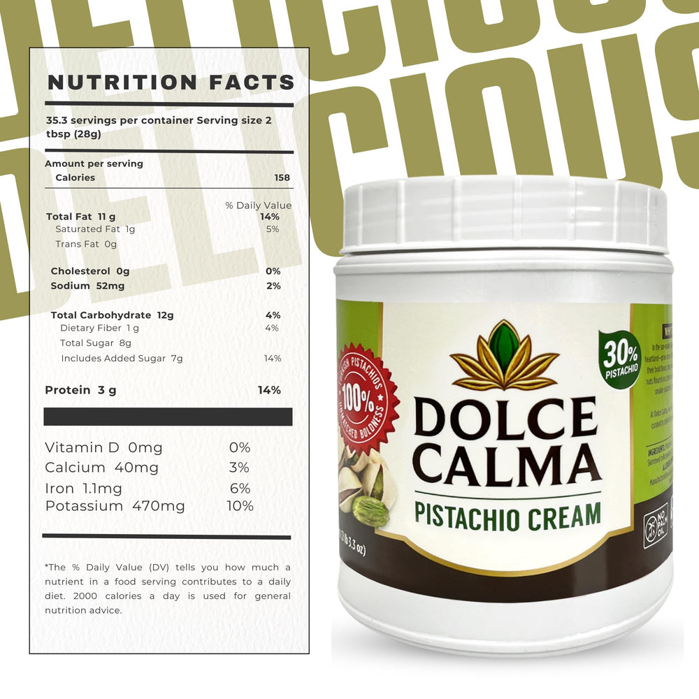 Close-up of Dolce Calma pistachio cream highlighting 30% pistachios.